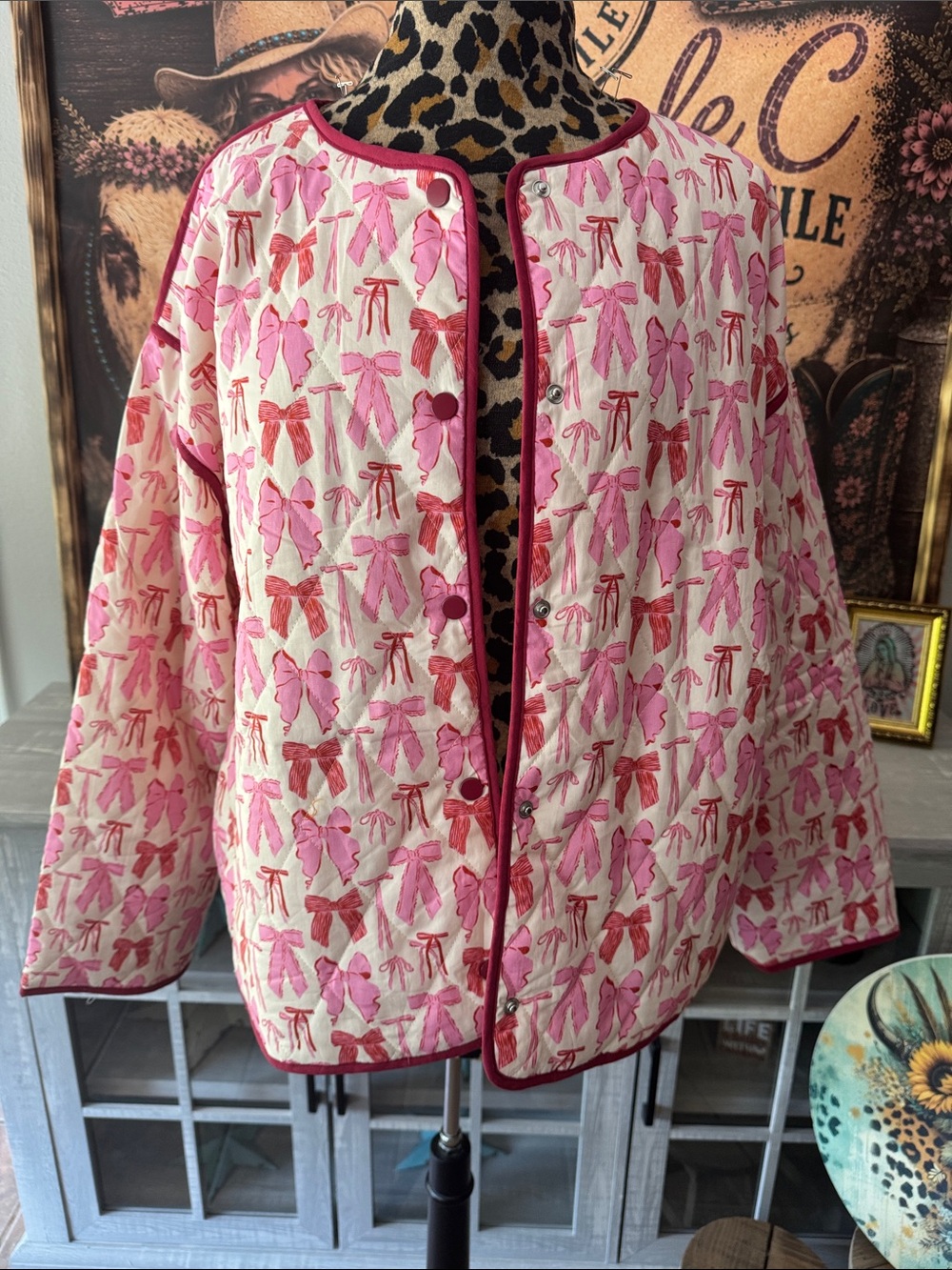 NWOT Entro Pink Bow-Print Quilted Jacket Sz 1XL